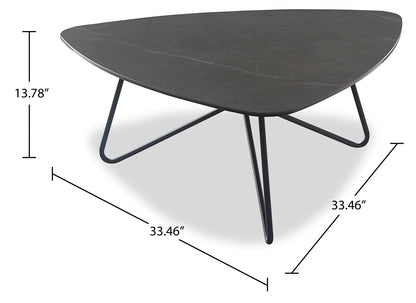 Hamilton 37.99" Modern Triangular Coffee Table - Grey Marble Look Top with Black Metal Legs|Table à café triangulaire moderne Hamilton de 37,99 po - dessus en imitation de marbre gris avec pattes en métal noir