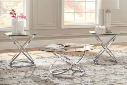 Hollynx 38" Glam Round 3-Pack Coffee + 2 End Tables - Silver Metal Base with Glass Top|Ensemble 3 tables rondes somptueuses Hollynx de 38 po (table à café et 2 tables de bout) - base en métal argenté avec dessus en verre