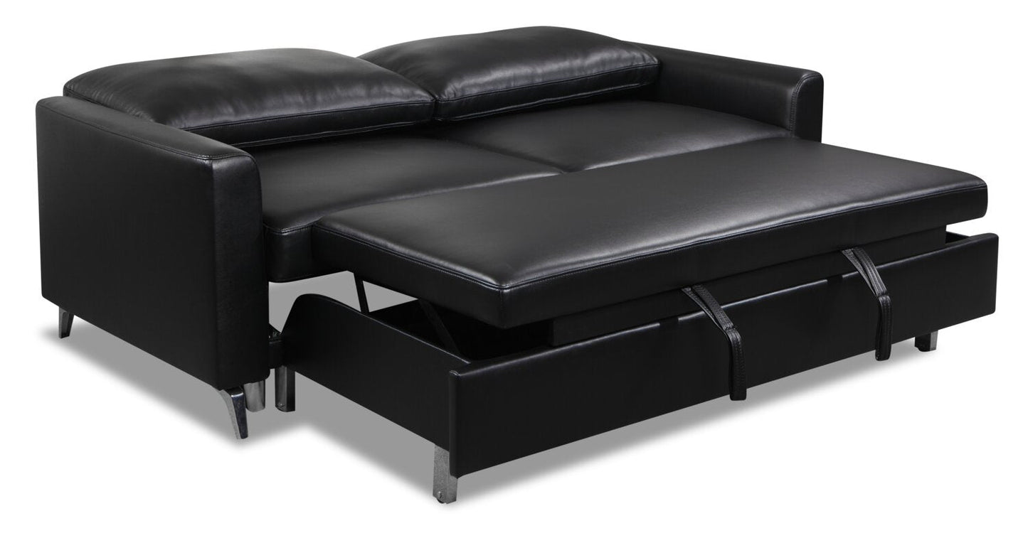 Wilson 77.5" Leather-Look Fabric Sleeper Sofa with Drop-Down Back Cushions and Metal Legs - Black | Sofa-lit Wilson de 77,5 po en tissu d’apparence cuir avec coussins de dossier rabattables et pattes en métal - noir