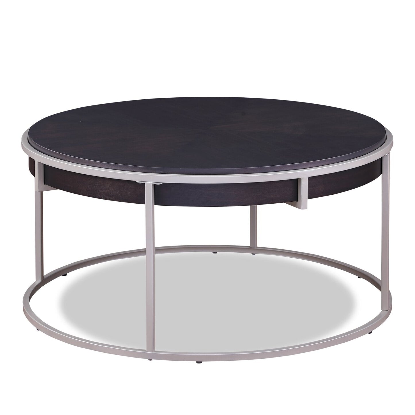 Jaida 38" Modern Round Coffee Table - Brown with Grey Metal Base | Table à café moderne Jaida ronde de 38 po - brune avec base en métal gris
