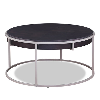Jaida 38" Modern Round Coffee Table - Brown with Grey Metal Base | Table à café moderne Jaida ronde de 38 po - brune avec base en métal gris