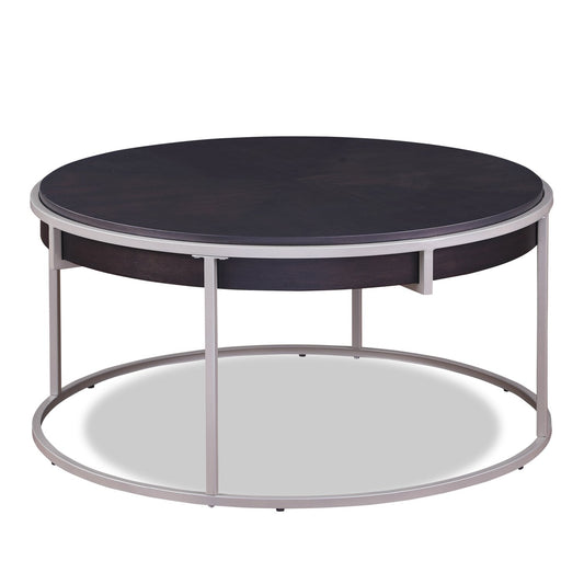 Jaida 38" Modern Round Coffee Table - Brown with Grey Metal Base | Table à café moderne Jaida ronde de 38 po - brune avec base en métal gris