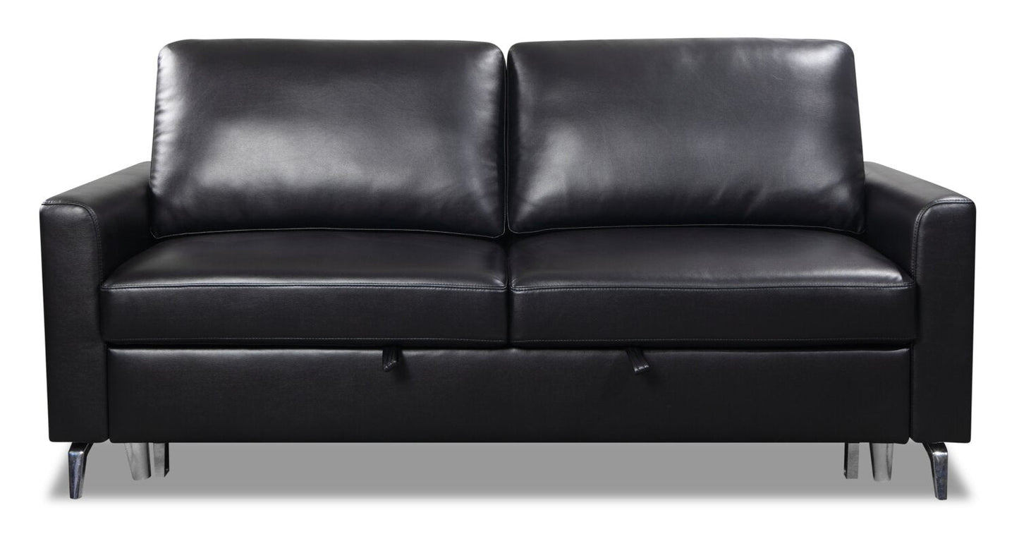 Wilson 77.5" Leather-Look Fabric Sleeper Sofa with Drop-Down Back Cushions and Metal Legs - Black | Sofa-lit Wilson de 77,5 po en tissu d’apparence cuir avec coussins de dossier rabattables et pattes en métal - noir
