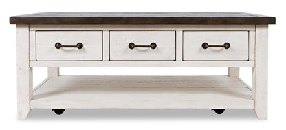 Morgan 48" Rustic Coffee Table With Storage, Shelf and Casters - White with Reclaimed Wood|Table à café rustique Morgan de 48 po avec rangement, tablette et roulettes - blanche avec bois recyclé