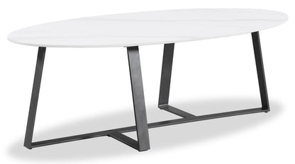 Kort & Co. Nico 51" Modern Oval Coffee Table - White Sinetered Stone with Dark Grey Metal Legs|Table à café ovale moderne Nico de Kort & Co. de 51 po - pierre frittée blanche avec pattes en métal gris foncé