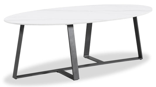 Kort & Co. Nico 51" Modern Oval Coffee Table - White Sinetered Stone with Dark Grey Metal Legs|Table à café ovale moderne Nico de Kort & Co. de 51 po - pierre frittée blanche avec pattes en métal gris foncé