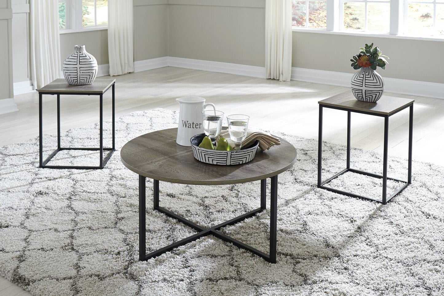 Wadeworth 31.5" Rustic 3-Pack Coffee + 2 End Tables - Taupe with Metal Legs|Ensemble 3 tables rustiques Wadeworth de 31,5 po (table à café et 2 tables de bout) - taupe avec pattes en métal