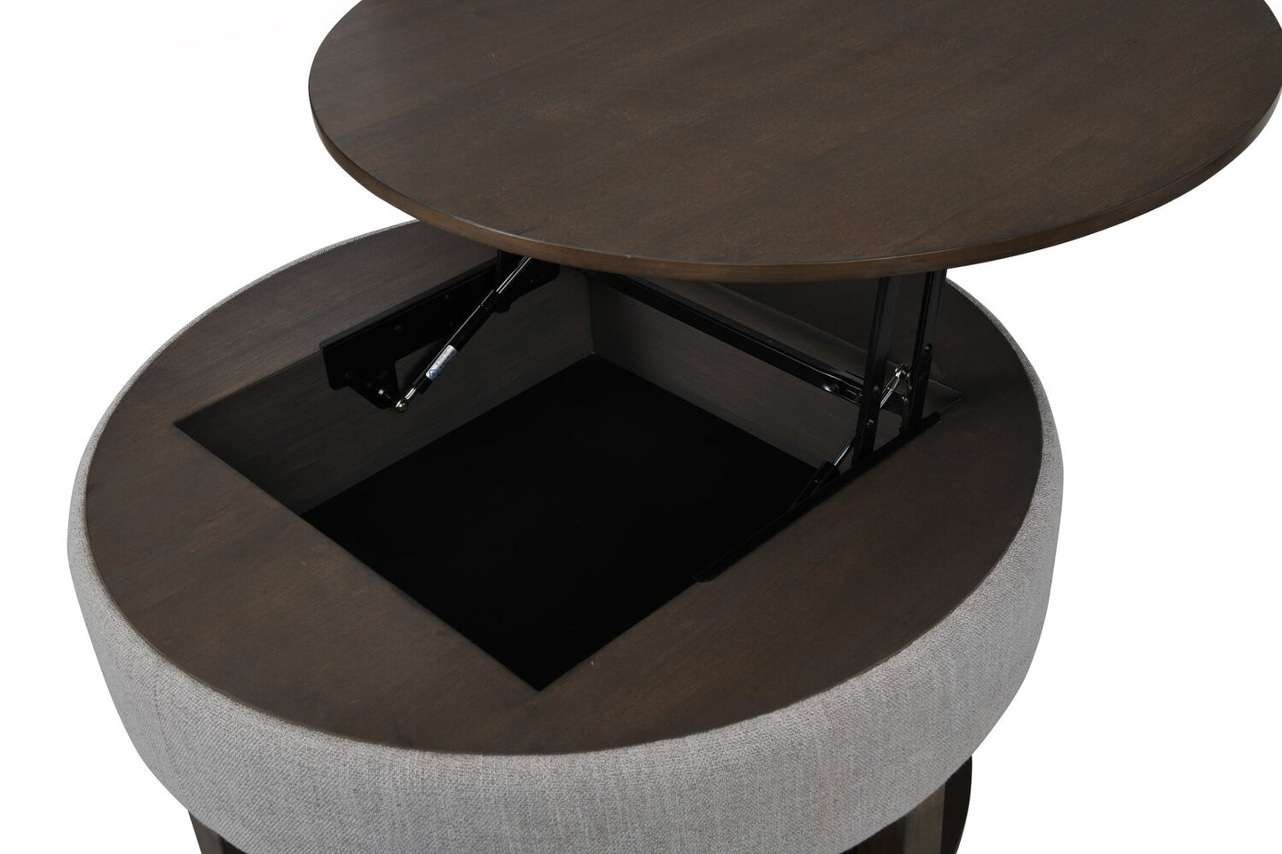 Elroy 33" Rustic Round Lift Top Coffee Table With Storage, Shelf and Casters - Brown and Grey with Fabric Edge|Table à café ronde rustique Elroy de 33 po avec dessus relevable, rangement, tablette et roulettes - brune et grise avec bordure en tissu