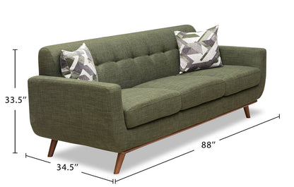 Kort & Co. Freeman 88" Linen-Look Fabric Sofa with Wood Base and Tufted Back Cushions - Avocado Green | Sofa Freeman Kort & Co. de 88 po en tissu d’apparence lin avec pattes en bois et coussins de dossier capitonnés - vert avocat