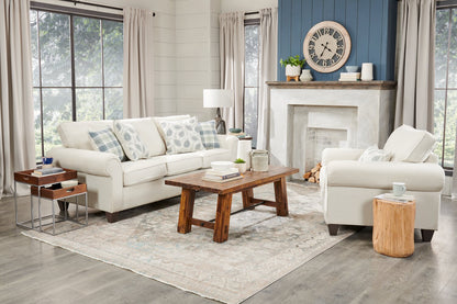 Made in Canada Scarlett 87" Chenille Fabric Sofa with Rolled Arms and Accent Pillows - Ecru Beige | Sofa Scarlett de 87 po fabriqué au Canada en tissu de chenille avec accoudoirs enroulés et coussins décoratifs - beige écru