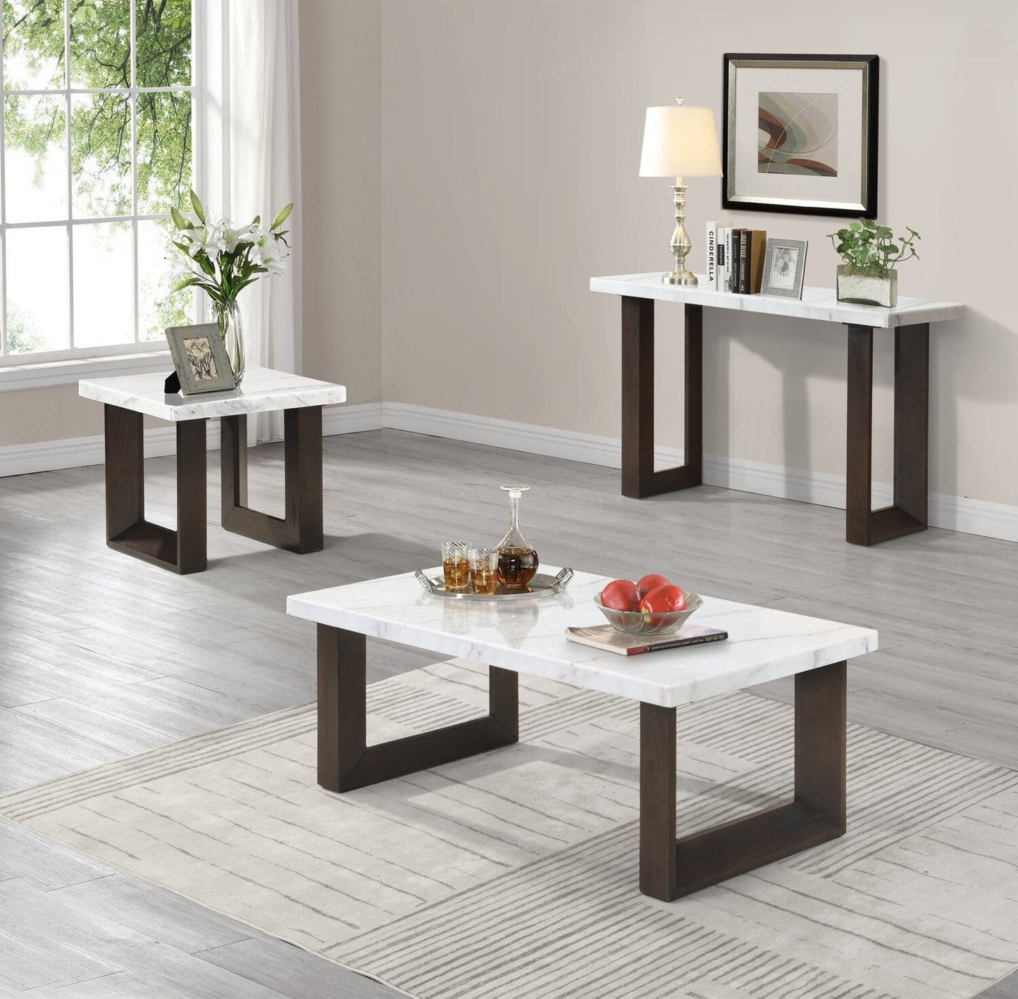 Silvia 48" Modern Coffee Table - White and Grey Marble Look with Brown Wood Legs|Table à café moderne Silvia de 48 po - imitation de marbre blanc et gris avec pattes en bois brun