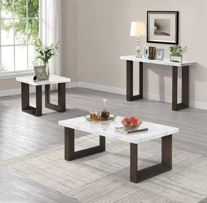 Silvia 48" Modern Coffee Table - White and Grey Marble Look with Brown Wood Legs|Table à café moderne Silvia de 48 po - imitation de marbre blanc et gris avec pattes en bois brun