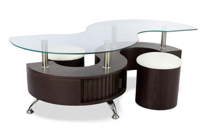 Savon  52.5" Modern S-shaped 3-Pack Coffee + 2 Ottomans with Storage and Shelf - Dark Walnut Wood and Chrome |Ensemble 3 articles modernes en forme de S Savon de 52,5 po (table à café et 2 poufs) avec rangement et tablette - bois noyer foncé et chrome