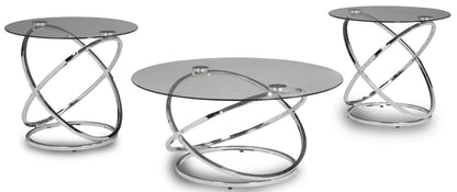 Hollynx 38" Glam Round 3-Pack Coffee + 2 End Tables - Silver Metal Base with Glass Top|Ensemble 3 tables rondes somptueuses Hollynx de 38 po (table à café et 2 tables de bout) - base en métal argenté avec dessus en verre