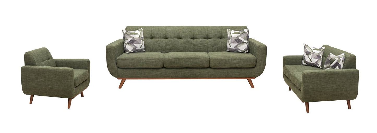 Kort & Co. Freeman 88" Linen-Look Fabric Sofa with Wood Base and Tufted Back Cushions - Avocado Green | Sofa Freeman Kort & Co. de 88 po en tissu d’apparence lin avec pattes en bois et coussins de dossier capitonnés - vert avocat