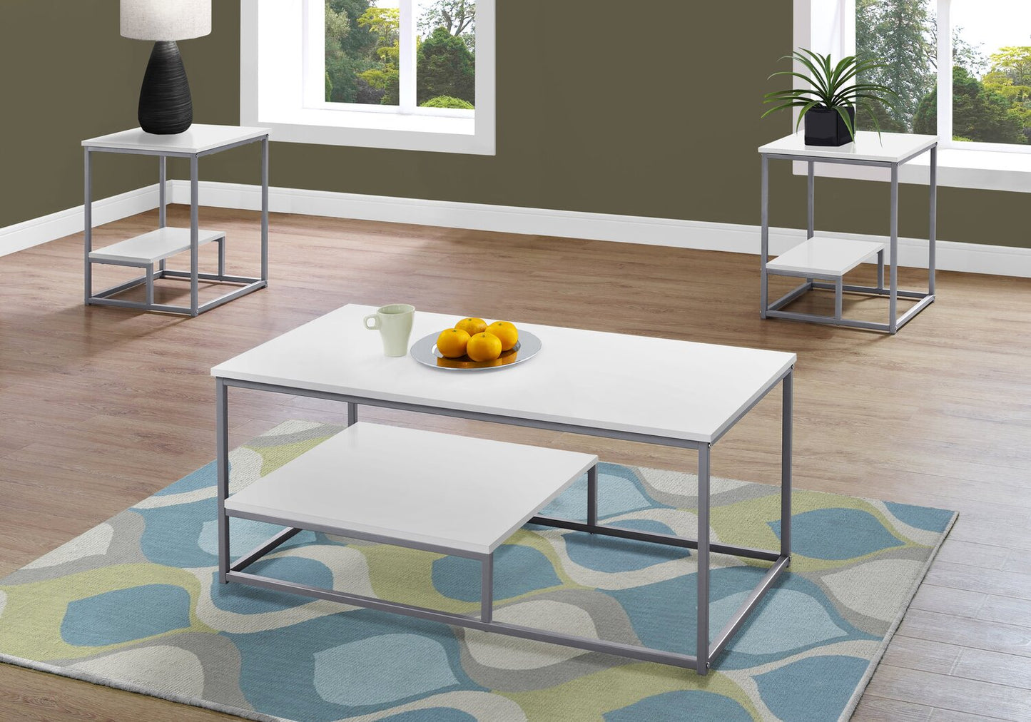 Jules 42.25" Modern 3-Pack Coffee + 2 End Tables with Shelf - White with Grey Metal Frame|Ensemble 3 tables modernes Jules de 42,25 po (table à café et 2 tables de bout) avec tablette - blanc avec armature en métal gris