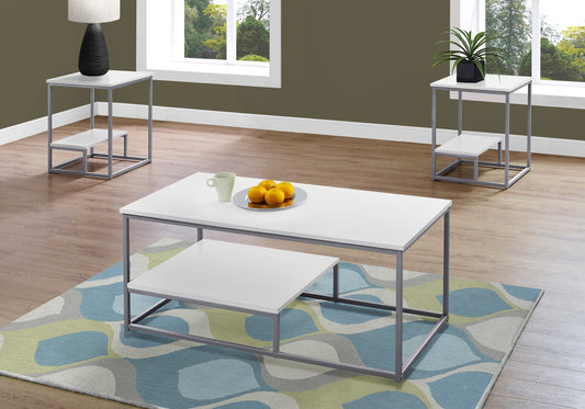 Jules 42.25" Modern 3-Pack Coffee + 2 End Tables with Shelf - White with Grey Metal Frame|Ensemble 3 tables modernes Jules de 42,25 po (table à café et 2 tables de bout) avec tablette - blanc avec armature en métal gris