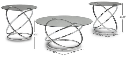 Hollynx 38" Glam Round 3-Pack Coffee + 2 End Tables - Silver Metal Base with Glass Top|Ensemble 3 tables rondes somptueuses Hollynx de 38 po (table à café et 2 tables de bout) - base en métal argenté avec dessus en verre