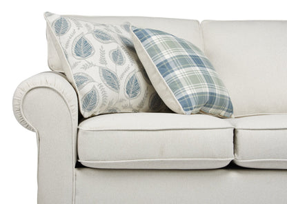 Made in Canada Scarlett 87" Chenille Fabric Sofa with Rolled Arms and Accent Pillows - Ecru Beige | Sofa Scarlett de 87 po fabriqué au Canada en tissu de chenille avec accoudoirs enroulés et coussins décoratifs - beige écru
