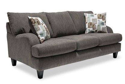 Made in Canada Nofia 80" Chenille Fabric Sofa with Two Accent Pillows and Wood Legs - Charcoal Grey | Sofa Nofia de 80 po fabriqué au Canada en tissu de chenille avec 2 coussins décoratifs et pattes en bois - gris anthracite