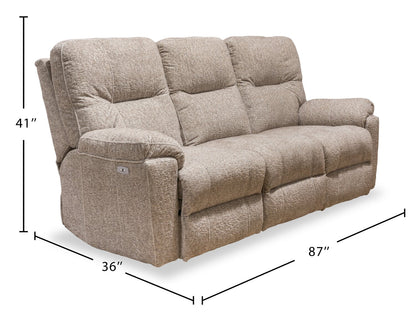 Made in Canada Dawson 87" Fabric Power Reclining Sofa with USB Port and Accent Pillows - Beige | Sofa à inclinaison électrique Dawson de 87 po fabriqué au Canada en tissu avec port USB et coussins décoratifs - beige