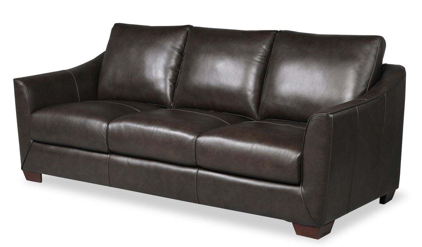 Cindy Crawford Home Royce 84" Genuine Leather Sofa with Removable Cushions and Wood Legs - Chocolate Brown | Sofa Royce de Cindy Crawford Home de 84 po en cuir véritable avec coussins amovibles et pattes en bois - brun chocolat