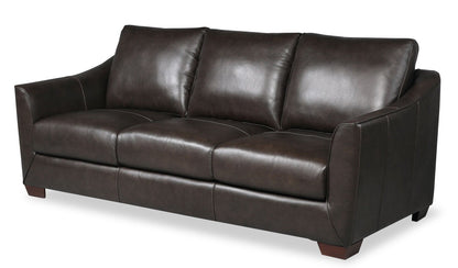Cindy Crawford Home Royce 84" Genuine Leather Sofa with Removable Cushions and Wood Legs - Chocolate Brown | Sofa Royce de Cindy Crawford Home de 84 po en cuir véritable avec coussins amovibles et pattes en bois - brun chocolat