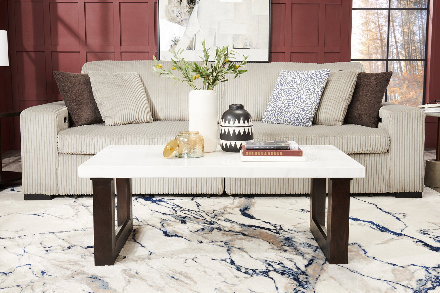 Silvia 48" Modern Coffee Table - White and Grey Marble Look with Brown Wood Legs|Table à café moderne Silvia de 48 po - imitation de marbre blanc et gris avec pattes en bois brun