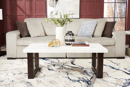 Silvia 48" Modern Coffee Table - White and Grey Marble Look with Brown Wood Legs|Table à café moderne Silvia de 48 po - imitation de marbre blanc et gris avec pattes en bois brun