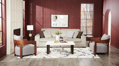 Silvia 48" Modern Coffee Table - White and Grey Marble Look with Brown Wood Legs|Table à café moderne Silvia de 48 po - imitation de marbre blanc et gris avec pattes en bois brun