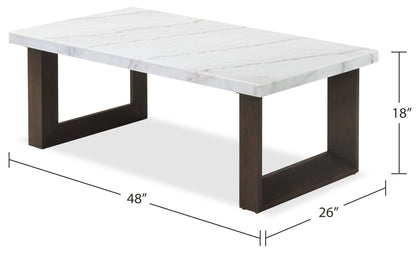 Silvia 48" Modern Coffee Table - White and Grey Marble Look with Brown Wood Legs|Table à café moderne Silvia de 48 po - imitation de marbre blanc et gris avec pattes en bois brun
