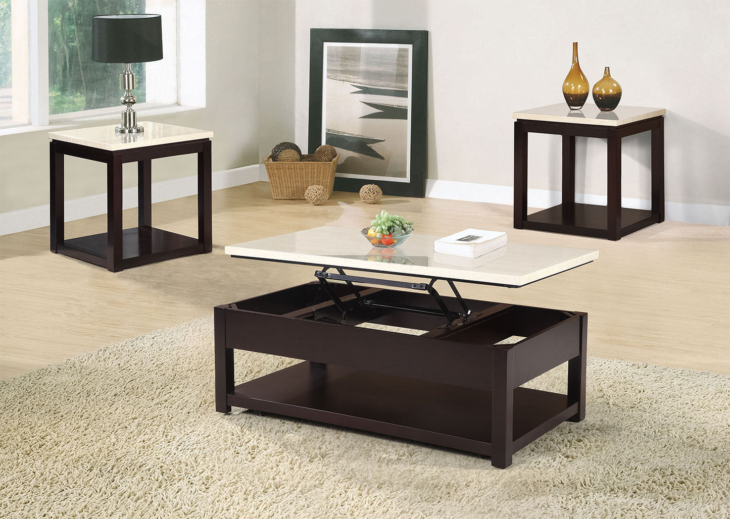 Sicily 48" Modern Lift Top Coffee Table With Storage, Shelf and Casters - Beige and Dark Brown |Table à café moderne Sicily de 48 po avec dessus relevable, rangement, tablette et roulettes - beige et brun foncé