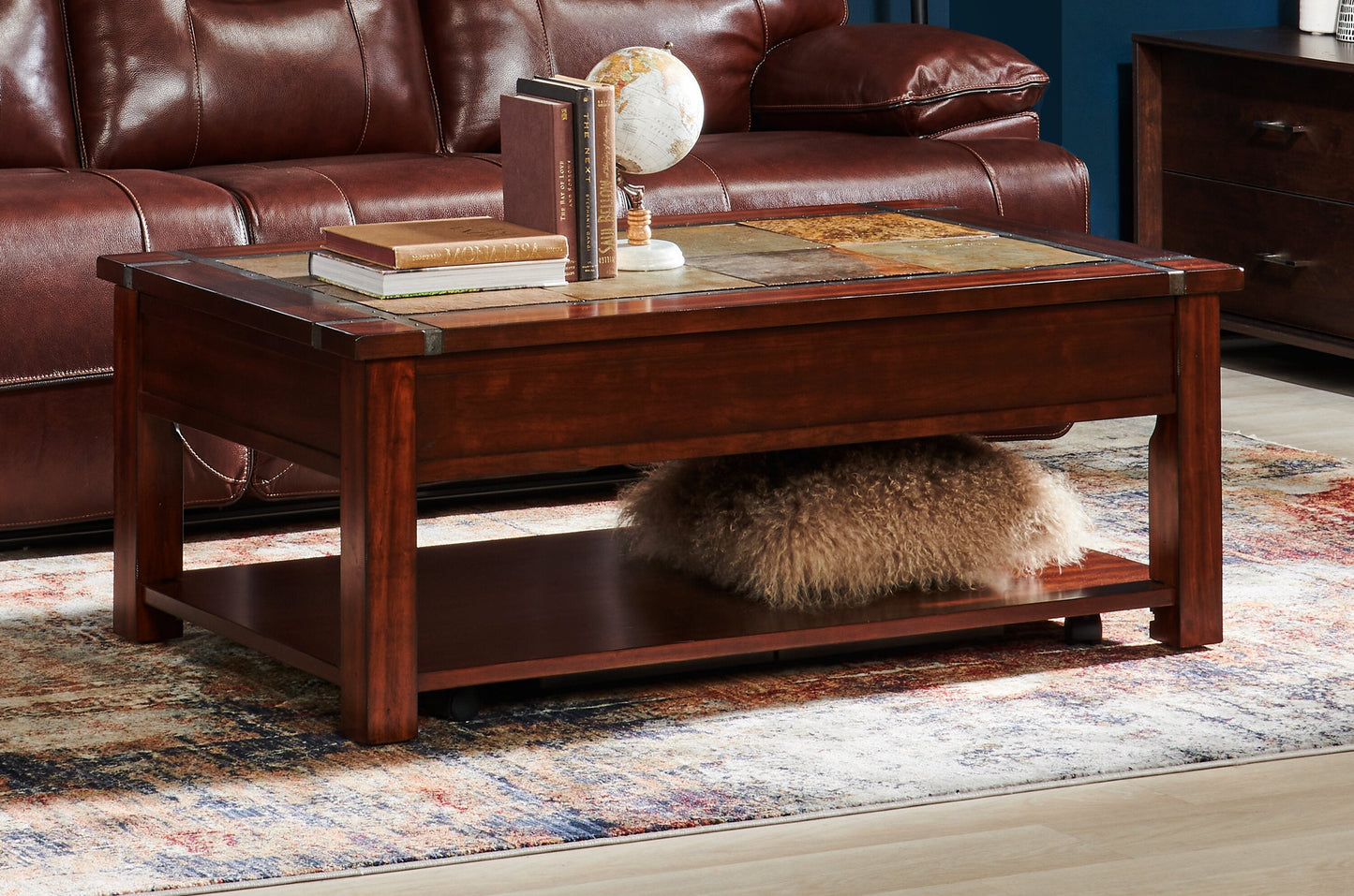 Roanoke 50" Rustic Lift Top Coffee Table with Storage and Shelf - Dark Cherry Wood and Slate Inlay|Table à café rustique Roanoke de 50 po avec dessus relevable, rangement et tablette - bois cerisier foncé et incrustation d’ardoise