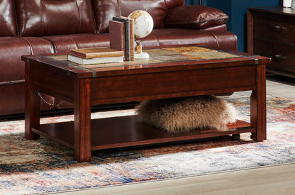Roanoke 50" Rustic Lift Top Coffee Table with Storage and Shelf - Dark Cherry Wood and Slate Inlay|Table à café rustique Roanoke de 50 po avec dessus relevable, rangement et tablette - bois cerisier foncé et incrustation d’ardoise