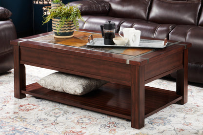 Roanoke 50" Rustic Lift Top Coffee Table with Storage and Shelf - Dark Cherry Wood and Slate Inlay|Table à café rustique Roanoke de 50 po avec dessus relevable, rangement et tablette - bois cerisier foncé et incrustation d’ardoise