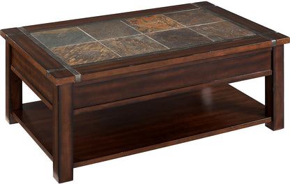 Roanoke 50" Rustic Lift Top Coffee Table with Storage and Shelf - Dark Cherry Wood and Slate Inlay|Table à café rustique Roanoke de 50 po avec dessus relevable, rangement et tablette - bois cerisier foncé et incrustation d’ardoise