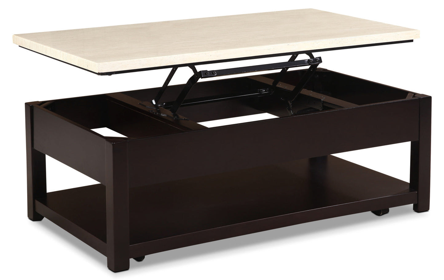 Sicily 48" Modern Lift Top Coffee Table With Storage, Shelf and Casters - Beige and Dark Brown |Table à café moderne Sicily de 48 po avec dessus relevable, rangement, tablette et roulettes - beige et brun foncé