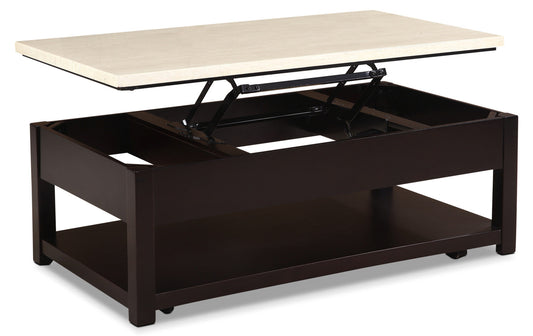 Sicily 48" Modern Lift Top Coffee Table With Storage, Shelf and Casters - Beige and Dark Brown |Table à café moderne Sicily de 48 po avec dessus relevable, rangement, tablette et roulettes - beige et brun foncé