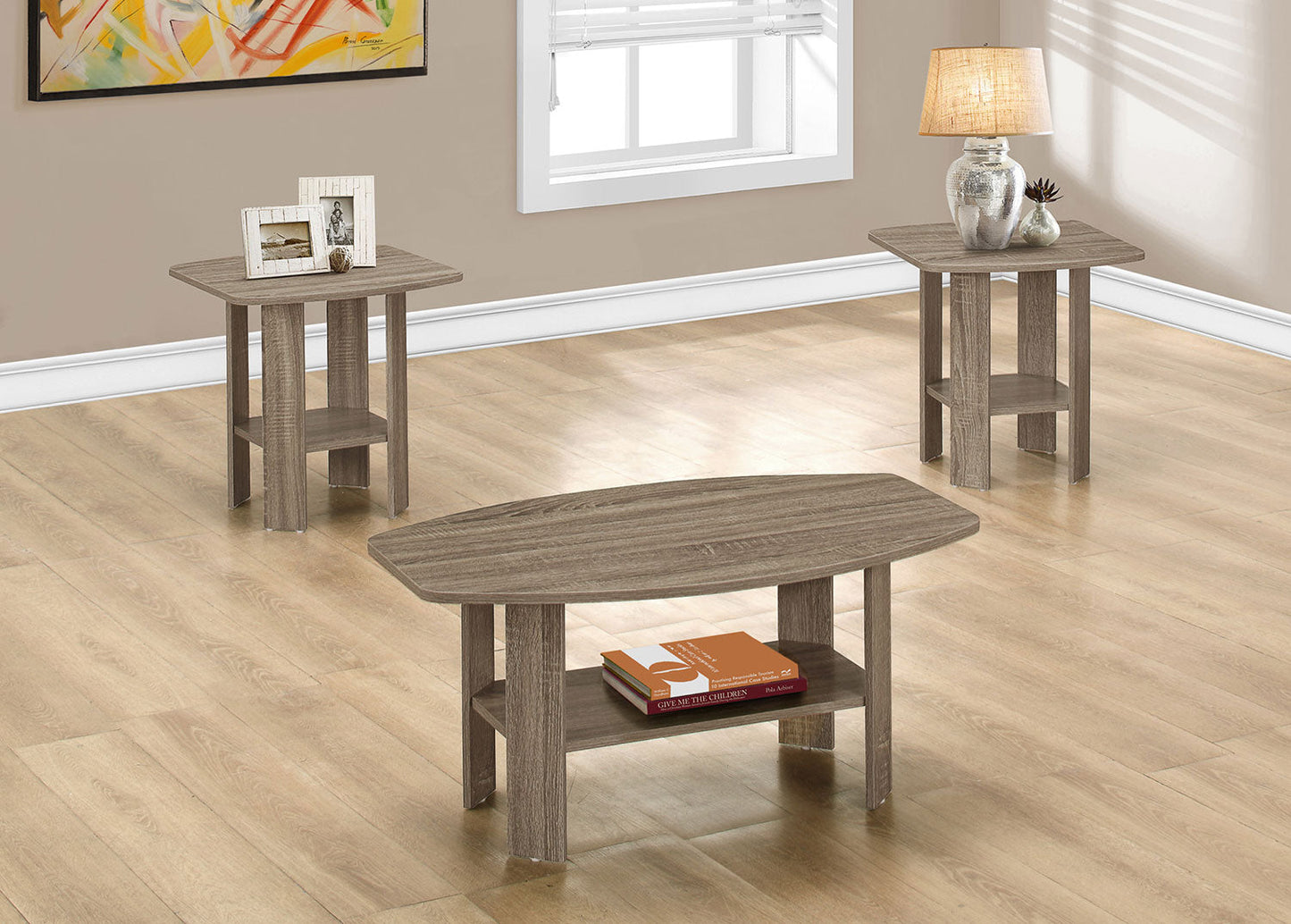 Rosario 36" Modern 3-Pack Coffee + 2 End Tables with Shelf - Dark Taupe |Ensemble 3 tables modernes Rosario de 36 po (table à café et 2 tables de bout) avec tablette - taupe foncée
