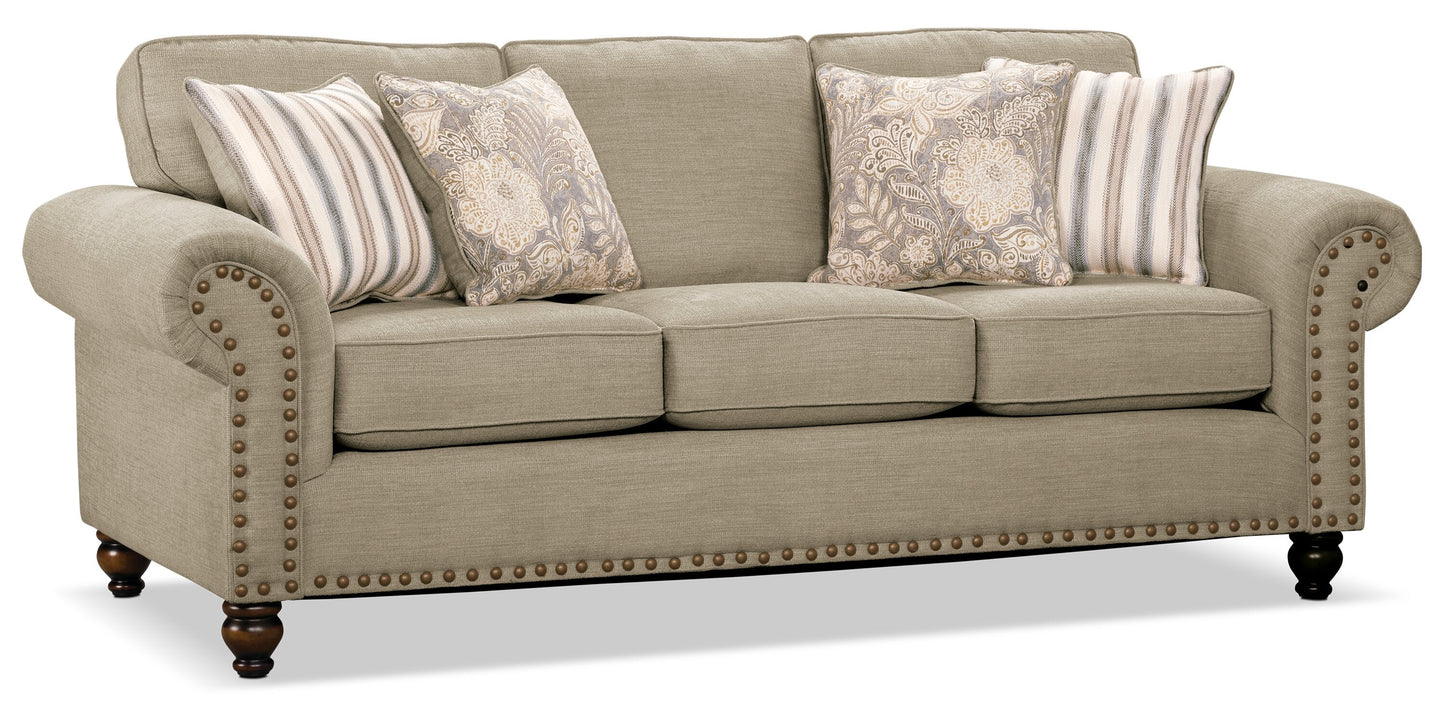 Made in Canada Wynn 93" Chenille Fabric Sofa with Nailhead Trim and Wood Bun Legs - Taupe | Sofa Wynn de 93 po fabriqué au Canada en tissu de chenille avec bordure de clous décoratifs et pattes en oignon en bois - taupe