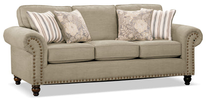 Made in Canada Wynn 93" Chenille Fabric Sofa with Nailhead Trim and Wood Bun Legs - Taupe | Sofa Wynn de 93 po fabriqué au Canada en tissu de chenille avec bordure de clous décoratifs et pattes en oignon en bois - taupe