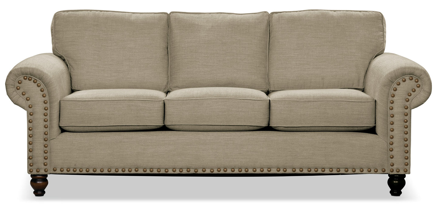 Made in Canada Wynn 93" Chenille Fabric Sofa with Nailhead Trim and Wood Bun Legs - Taupe | Sofa Wynn de 93 po fabriqué au Canada en tissu de chenille avec bordure de clous décoratifs et pattes en oignon en bois - taupe