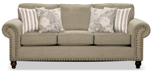 Made in Canada Wynn 93" Chenille Fabric Sofa with Nailhead Trim and Wood Bun Legs - Taupe | Sofa Wynn de 93 po fabriqué au Canada en tissu de chenille avec bordure de clous décoratifs et pattes en oignon en bois - taupe
