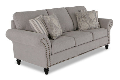 Made in Canada Wynn 93" Chenille Fabric Sofa with Nailhead Trim and Wood Bun Legs - Grey | Sofa Wynn de 93 po fabriqué au Canada en tissu de chenille avec bordure de clous décoratifs et pattes en oignon en bois - gris