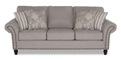 Made in Canada Wynn 93" Chenille Fabric Sofa with Nailhead Trim and Wood Bun Legs - Grey | Sofa Wynn de 93 po fabriqué au Canada en tissu de chenille avec bordure de clous décoratifs et pattes en oignon en bois - gris