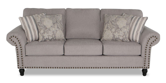 Made in Canada Wynn 93" Chenille Fabric Sofa with Nailhead Trim and Wood Bun Legs - Grey | Sofa Wynn de 93 po fabriqué au Canada en tissu de chenille avec bordure de clous décoratifs et pattes en oignon en bois - gris