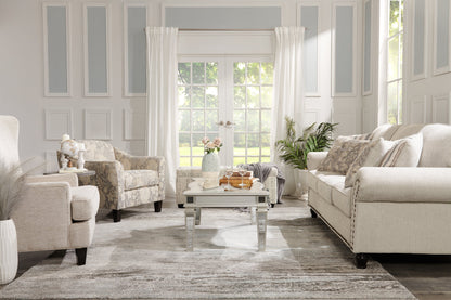 Made in Canada Wynn 93" Chenille Fabric Sofa with Nailhead Trim and Wood Bun Legs - Linen Beige | Sofa Wynn de 93 po fabriqué au Canada en tissu de chenille avec bordure de clous décoratifs et pattes en oignon en bois - beige lin