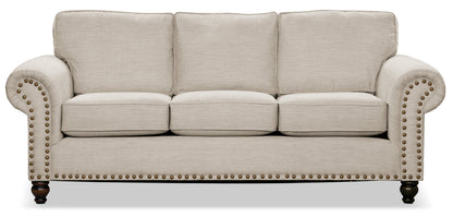 Made in Canada Wynn 93" Chenille Fabric Sofa with Nailhead Trim and Wood Bun Legs - Linen Beige | Sofa Wynn de 93 po fabriqué au Canada en tissu de chenille avec bordure de clous décoratifs et pattes en oignon en bois - beige lin