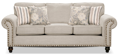 Made in Canada Wynn 93" Chenille Fabric Sofa with Nailhead Trim and Wood Bun Legs - Linen Beige | Sofa Wynn de 93 po fabriqué au Canada en tissu de chenille avec bordure de clous décoratifs et pattes en oignon en bois - beige lin