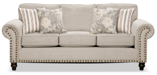 Made in Canada Wynn 93" Chenille Fabric Sofa with Nailhead Trim and Wood Bun Legs - Linen Beige | Sofa Wynn de 93 po fabriqué au Canada en tissu de chenille avec bordure de clous décoratifs et pattes en oignon en bois - beige lin